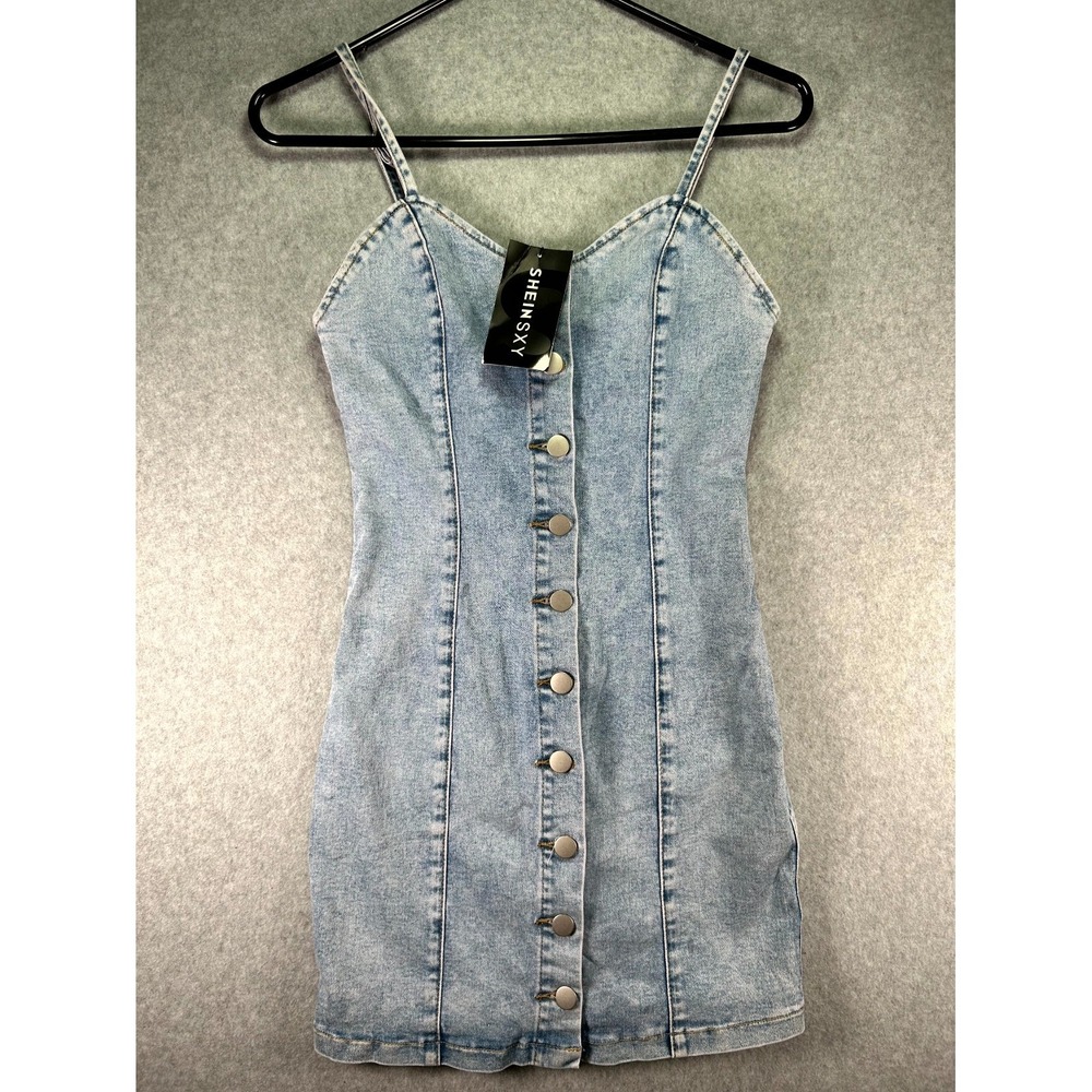 Shein Sxy Bodycon Cami Dress Womens Blue Denim Cotton Button Front Sleeveless